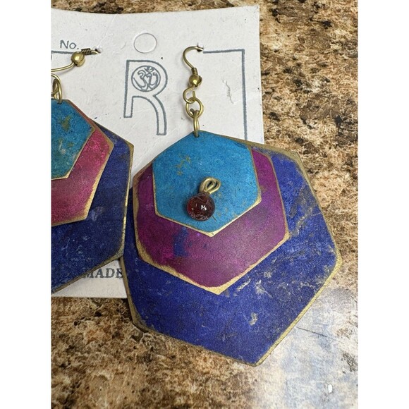 Vintage Funky 80s 90s Style Dangle Drop Earrings Teal Blue Pink Hexagon 2” India - Picture 3 of 6